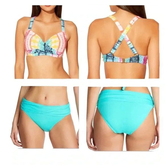 Bleu Rod Beattie Rainbow Tye Dye D-Cup Swim Top 38D and Bottom Size 12 - Picture 1 of 10